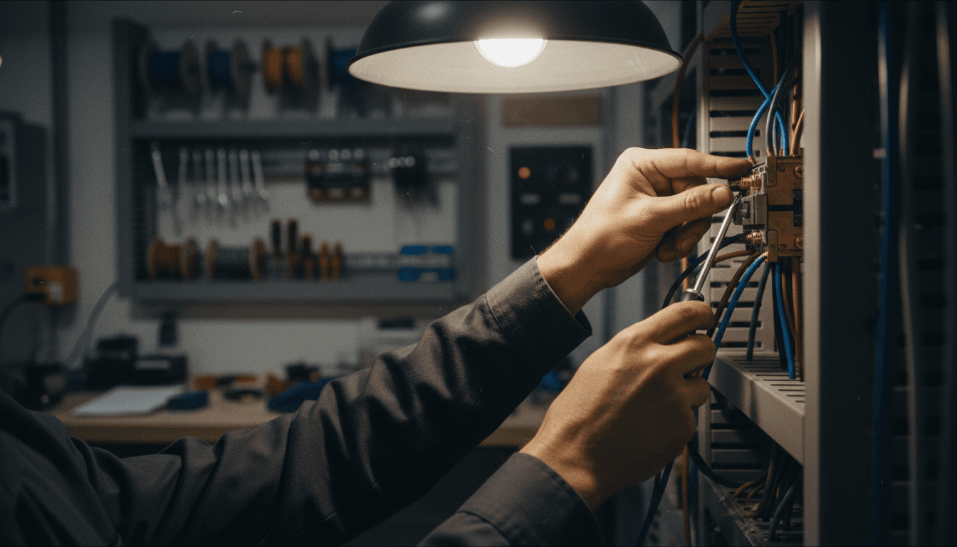 Electrician installing and securing a distribution board connection